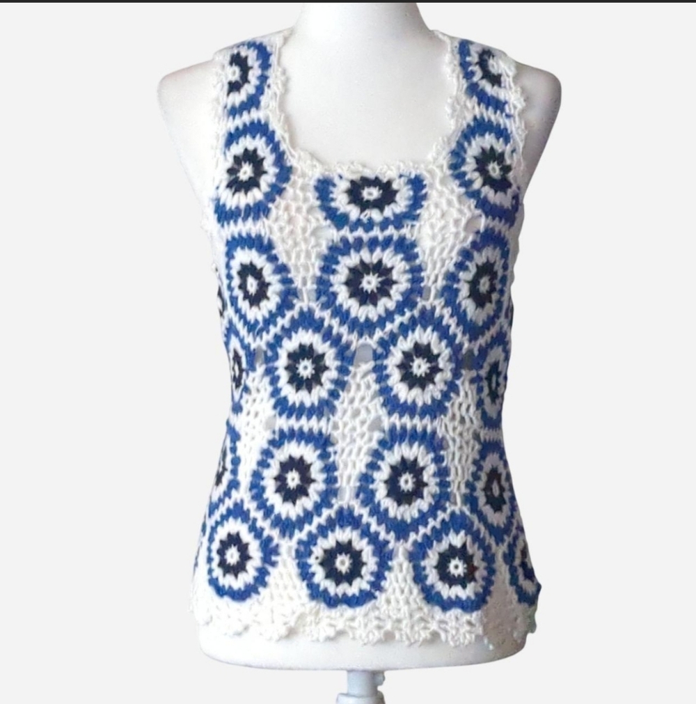 Another Love Boho Crochet Tank Top XS - Blue/White Granny Square Halter